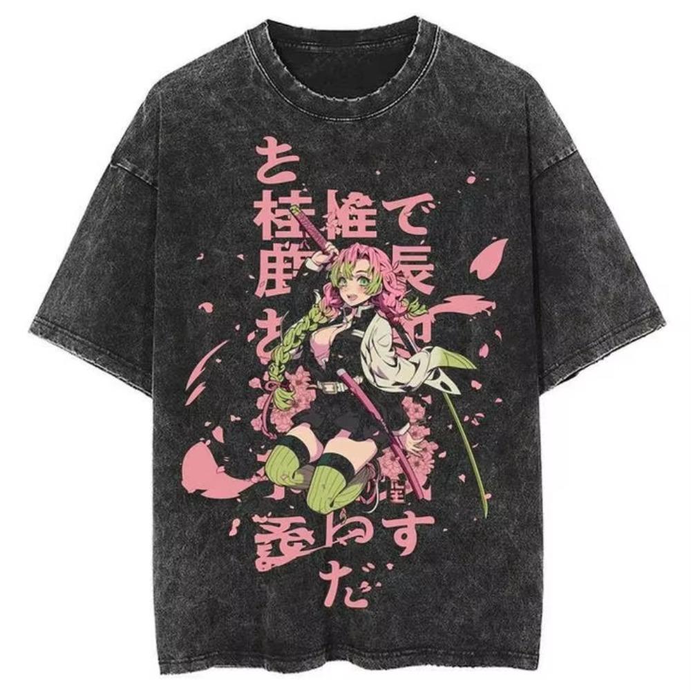 Anime Demon Slayer Ostrze Świątynia Ganlu Koszulka z Nadrukiem Szklanym Prana Retro Street Style Unisex dla Fanów Koszulka Unisex