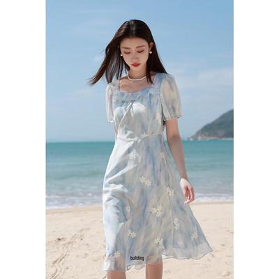 Sancai Women's 2025 Summer Plus Size French Square Neck Embroidered Dress