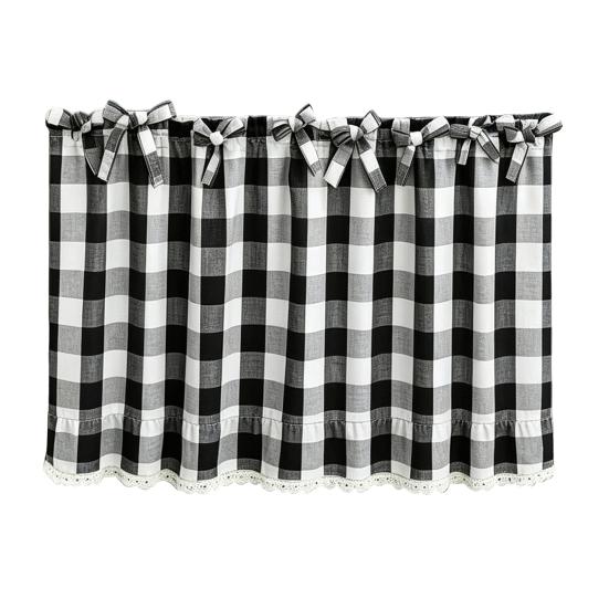 Küchenfenster Vorhänge Buffalo Check Schürze, Gerüschte Schürzen Gardine mit Spitzenbesatz und Schleifen, Polyester Baumwolle Lichtfilternd Stangentasche für Wohn