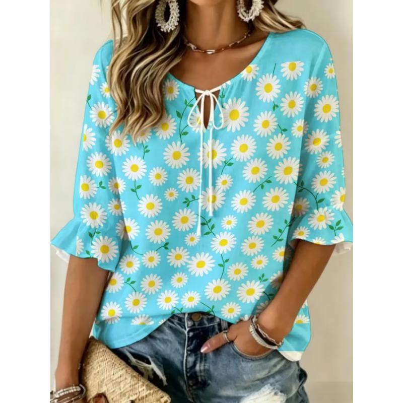 Women's elegant printed lace-up flared top, stylish and versatile, comfortable and skin-friendly