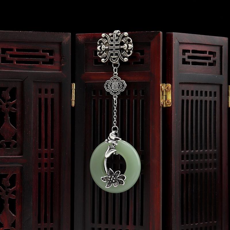 Classical sapphire safety buckle cheongsam press pendant high-end lotus pendant Chinese style Tibetan silver Hanfu tea clothing accessories