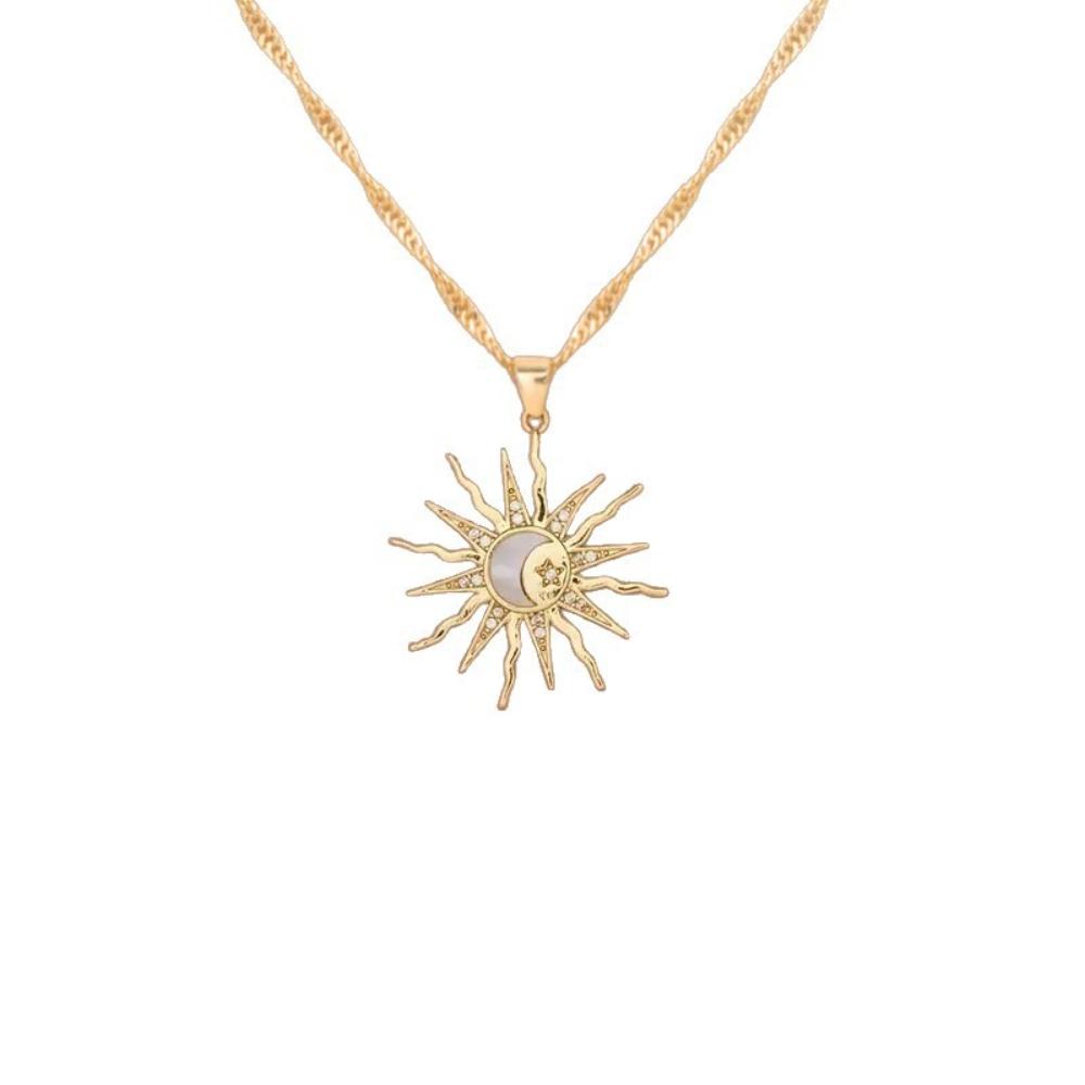Fashion Metal Sun Moon Pendant Necklaces for Women Gold Color Elegant Zircon Geometric Star Choker Necklace Vintage Jewelry