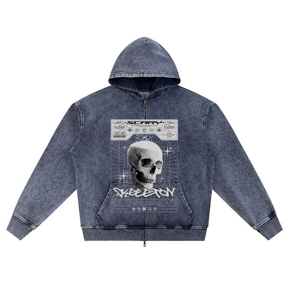 DTG Print Knitted Denim Zip-Up Hoodie Streetwear Brother Print Zipper Hoodies  