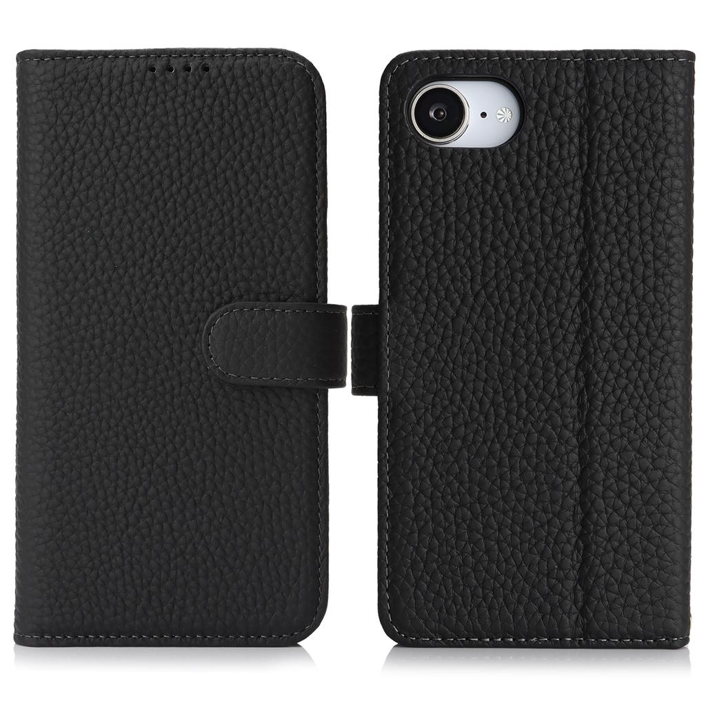 For iPhone 16e Stand Case Litchi Texture Genuine Cow Leather Wallet Phone Cover RFID Blocking