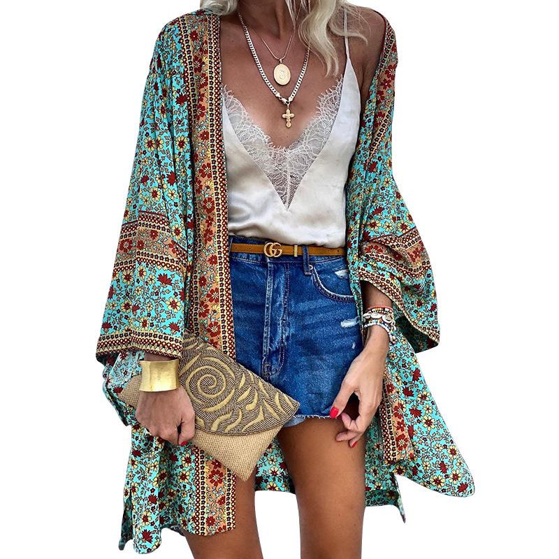 Women Cardigan Summer Open Front Bohemian Floral Printed Blouse Kimono Casual Loose Beach Tops Vintage Long Sleeve Blusas