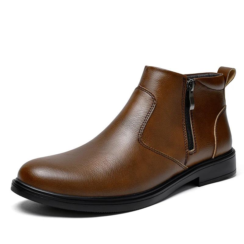 Fashion Brogue Chelsea Men Boots Classical Style Leather Ankle Boots Genuine Leather Mens Winter Plush Snow Botas Walking Shoes