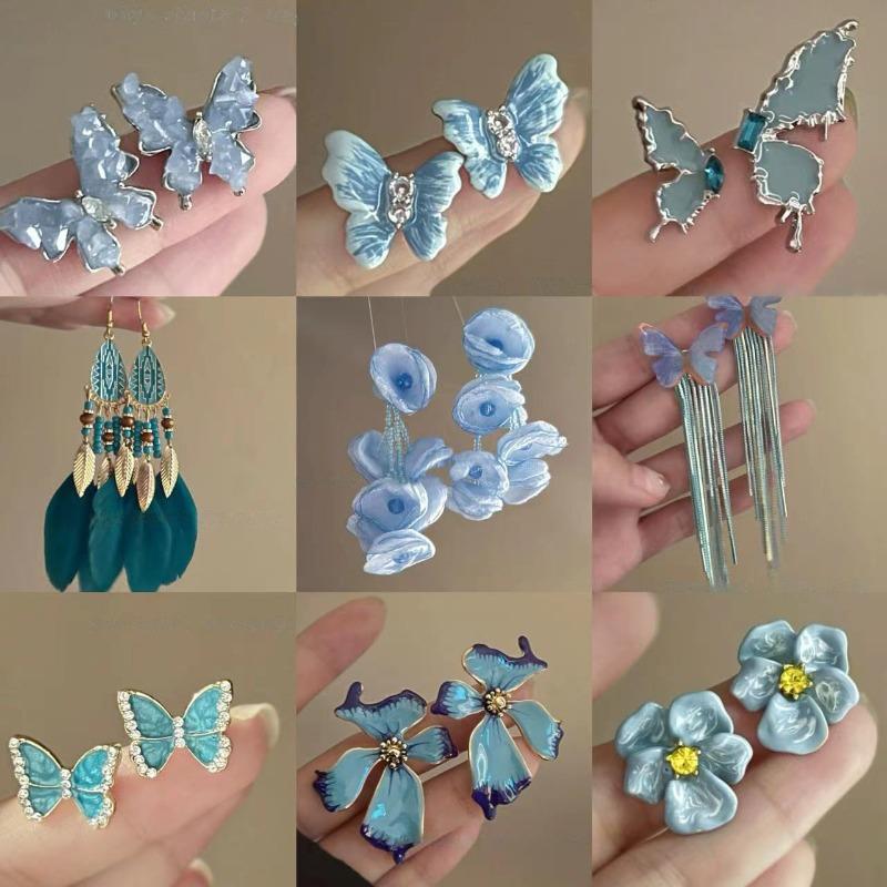 Silver needle blue butterfly oil-dip diamond-inlaid stud earrings, artistic and fresh style, fashionable and luxurious, high-end earrings