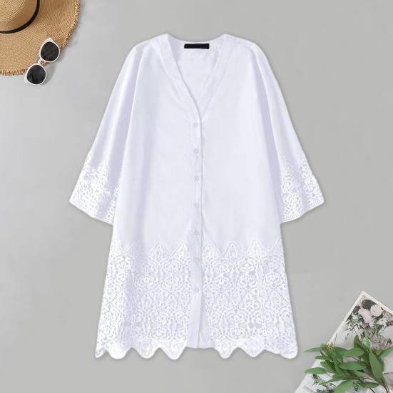 

Летнее женское платье с кружевным подолом и v-образным вырезом, рукава три четверти, ажурные, свободные, однобортные, на пуговицах, для пляжного отдыха