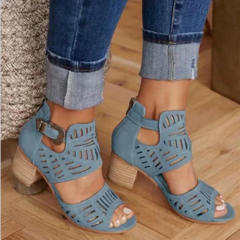 Sommersandalen für Damen Schuhe Retro Mattleder Fischmaul Ausgehöhlt Gürtelschnalle Schuh Lässig Dick Hoher Absatz Sandalias Größe 43