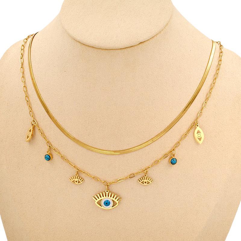 European & American Fashion Titanium Steel Double Layer Clavicle Necklace with Eye & Star Pendant for Women.