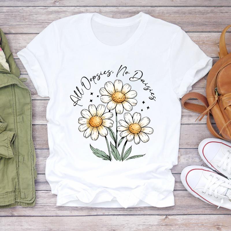 (Asian Size) Women Lovely Flower Trend Tee Top Clothing Casual  Short Sleeve T Shirt Fashion Print Lady Female Graphic T-shirts