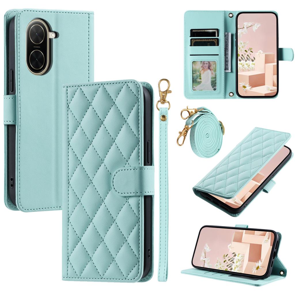 For Xiaomi Redmi A5 4G (171.7mm)/Poco C71 4G Case Wallet Rhombus Grid PU Leather Phone Cover with Shoulder Strap/Wrist Strap