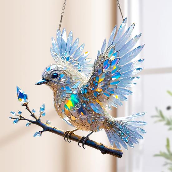 Yousheng Bluebird Hanging Decoration Stained Glass Art Bird Ornament 2D Flat Acrylic Pendant for Window Wall Home Garden Decor