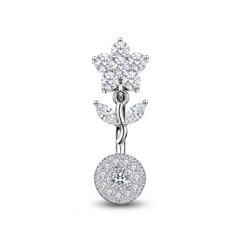 Hypoallergenic Navel Ring Shiny Cubic Zirconia Flower Design Durable Stainless Steel Belly Button Piercing for Women Gifts