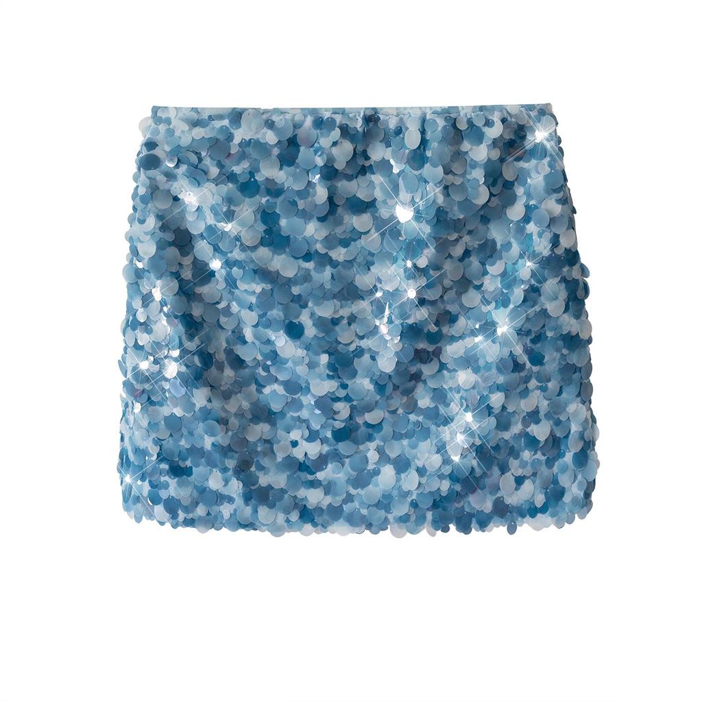 Elegant Blue Sequin High Waist Slimming Short Skirt
