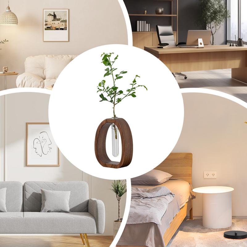 Elegant walnut glass design Creative Hydroponic Plants Container With Wood Frame Transparent Glass Tube Vase Bonsai Home Decor