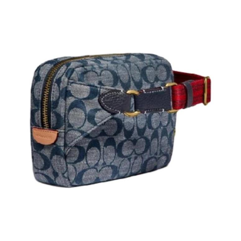 Coach Cargo 18 Chambray Floral Print Canvas And Leather Shoulder Bag Women Shoulder Bag Denim-Blue 3236-B4CB