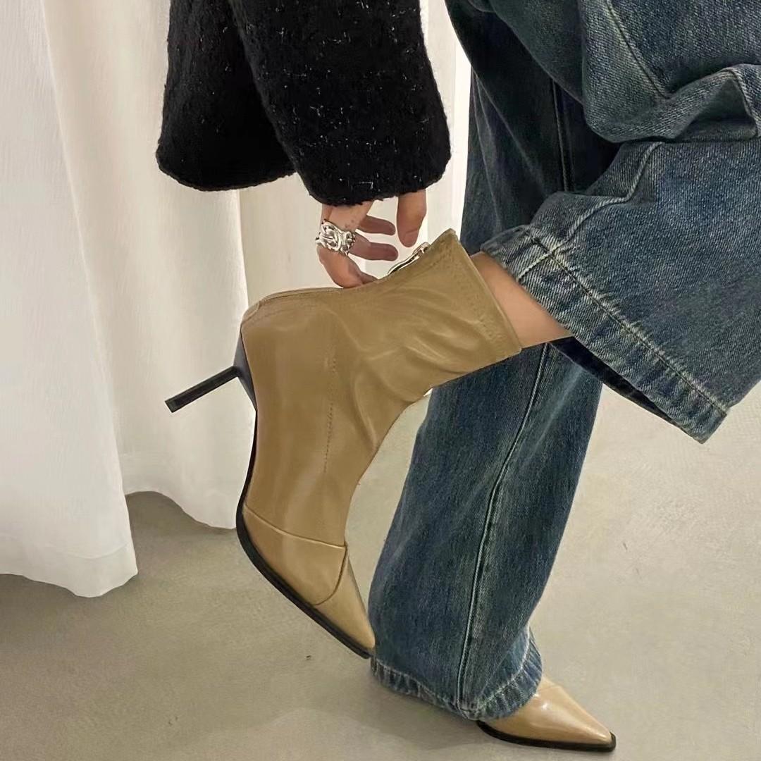 

Ботильоны на высоком каблуке с острым носком осенне-зимние на тонком каблуке с комбинированным верхом, ботильоны, ретро белые ботильоны 39 хаки