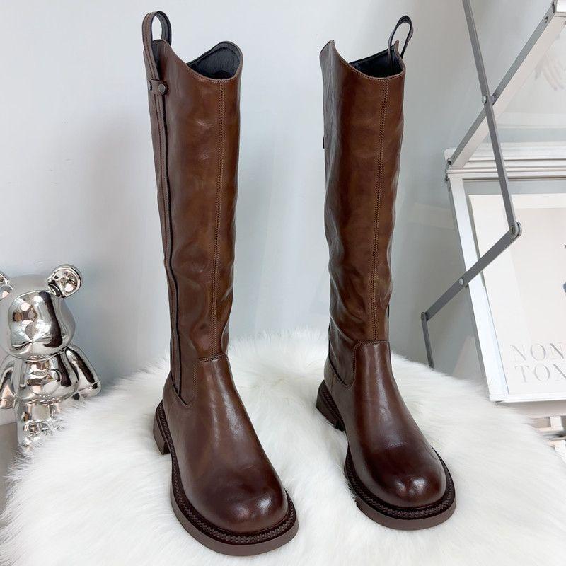 Lange Stiefel Damen Flacher Boden Höhenverstellbar Herbst Neu Britischer Stil Hoher Schaft Dünn Reißverschluss Hinten Ritterstiefel