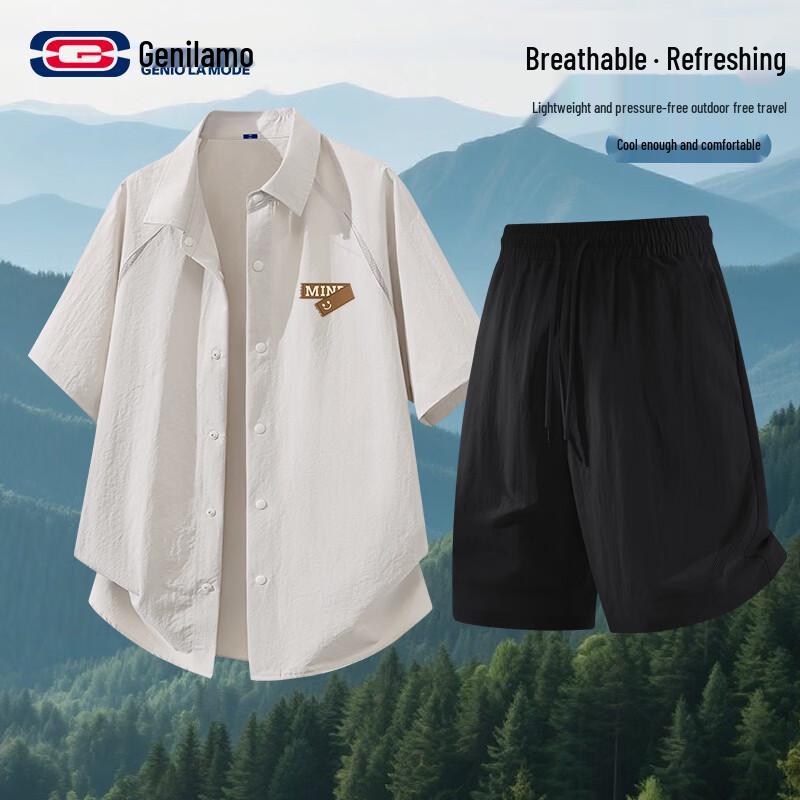 

GENIOLAMODE Men s Geometric Print Short-Sleeve Shirt & Shorts Set 2XL