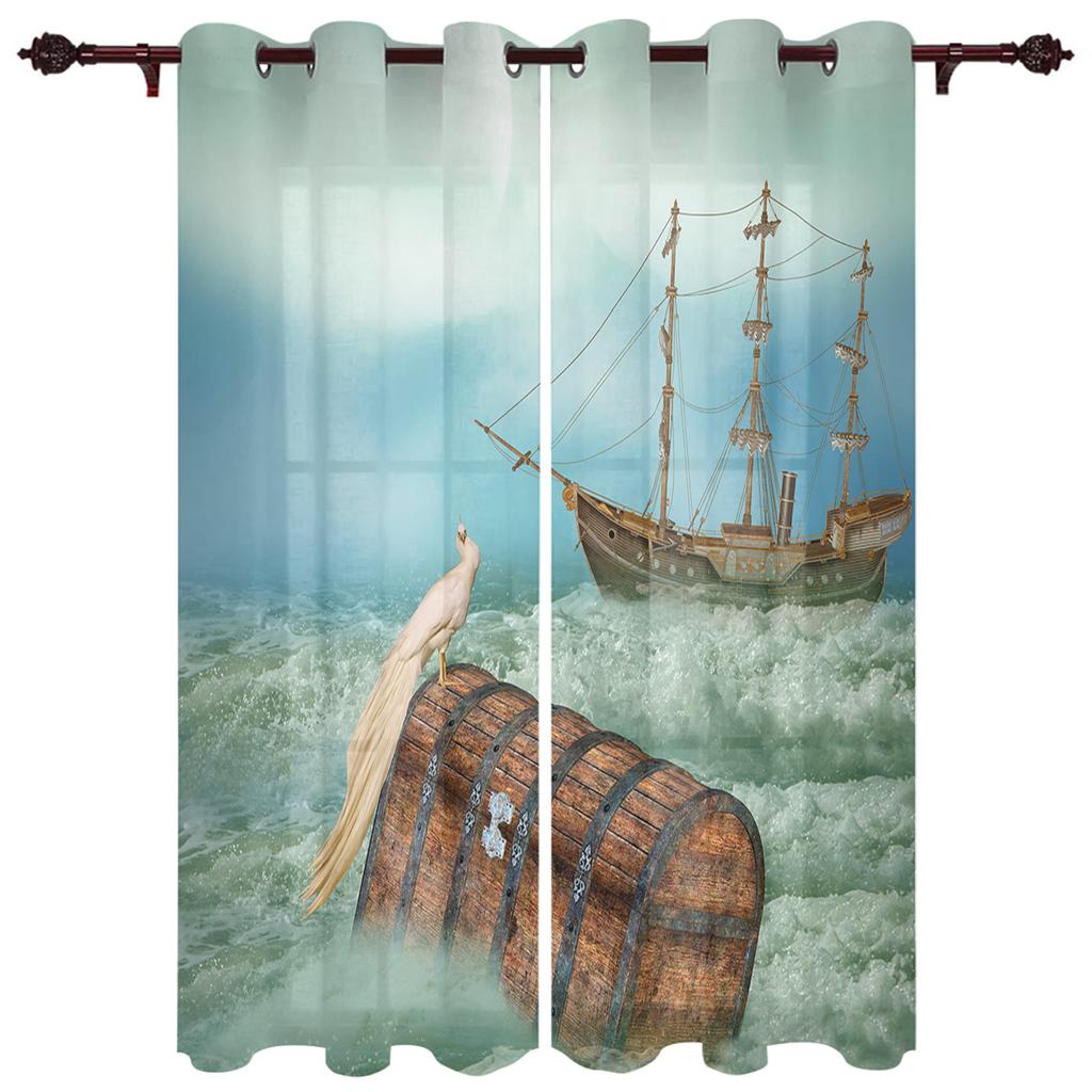 Sunset Sea Black Ship Window Curtain Modern European Style Curtains for Bedroom Living Room Backdrop Curtain