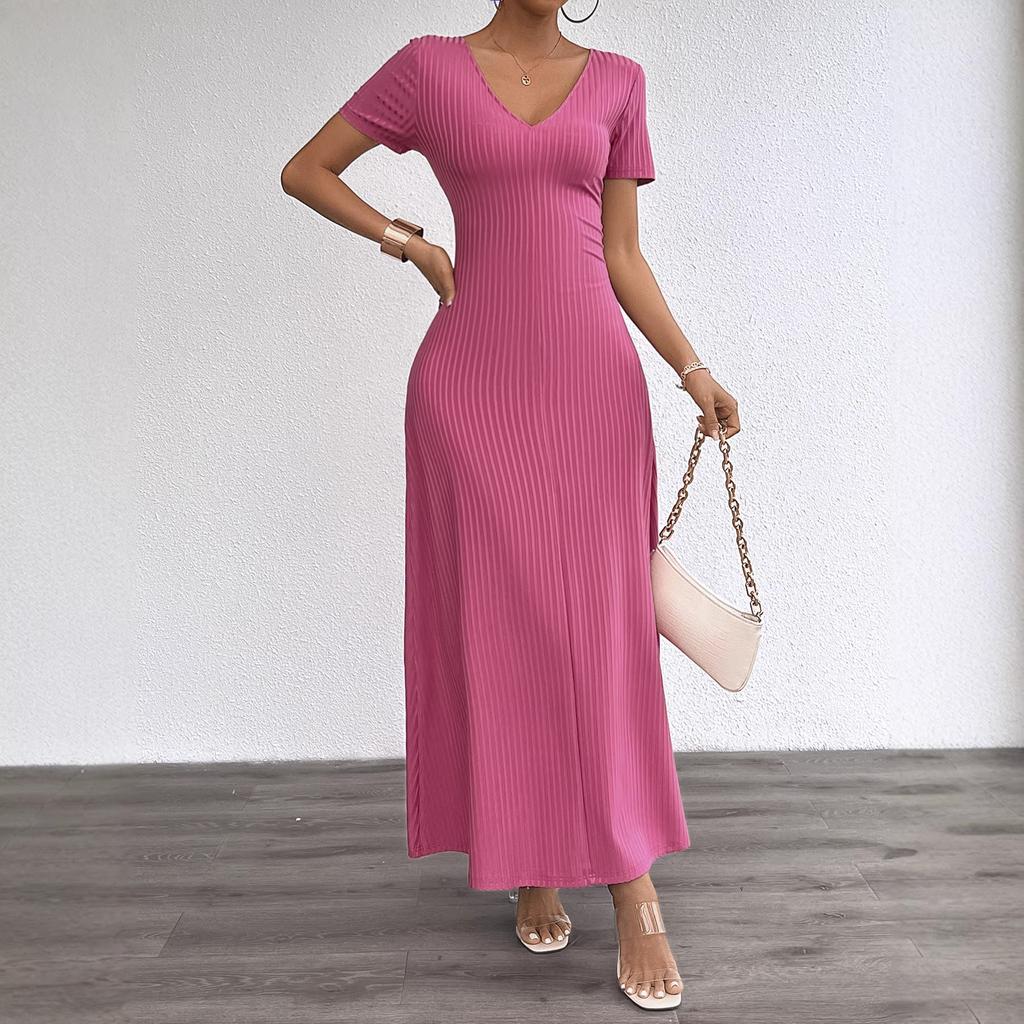 Letnia nowość, bestsellerowy damski strój w dużych rozmiarach, gładki kolor, seksowna, z głębokim dekoltem V, z krótkim rękawem, długa sukienka