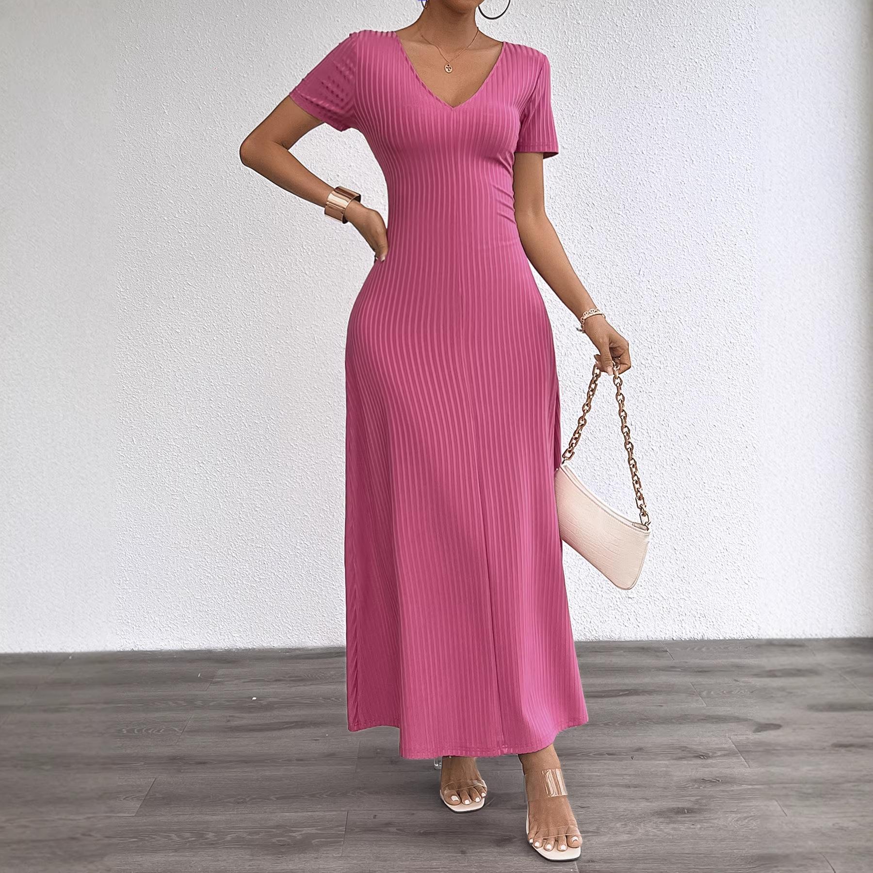 

Летняя новая популярная женская одежда большого размера однотонное сексуальное платье-макси с глубоким V-образным вырезом с короткими рукавами S