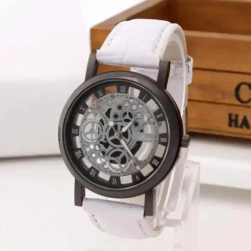 Fashion Hollow Skeleton Men Watches Quartz Leather Bracelet Strap Wristwatch Fashion Business Watches Men's Gifts