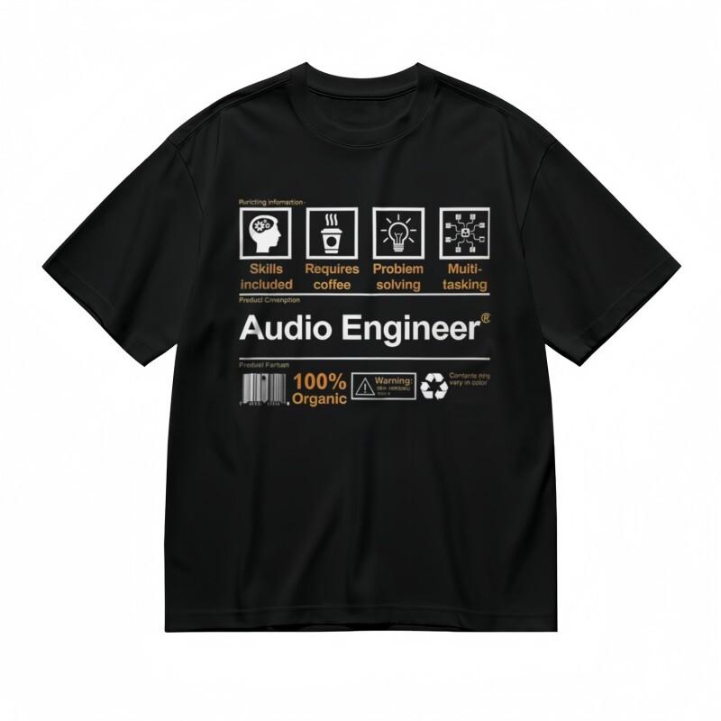 

Men s Classic T-Shirt White Orange Contrast Audio Engineer Typography with Gear 4XL