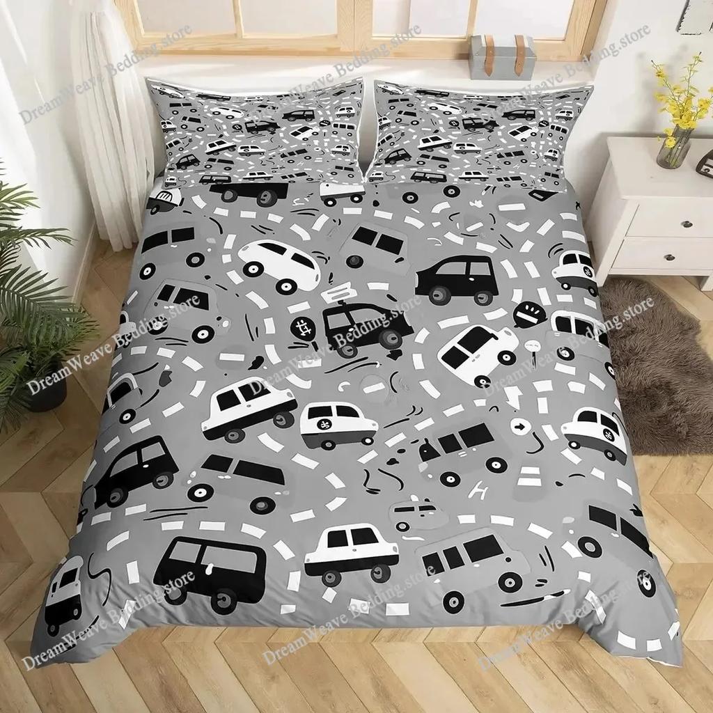 Cartoon Auto Bettbezug Kinder Stadtverkehr Straßenkarte Bettwäscheset für Jungenzimmer Dekor, Geometrische Linien Straßenauto Bettdeckenbezug