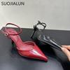Fashion SUOJIALUN 2025 Spring New Brand Women Sandal Fashion Red Pointed Toe Ladies Elegnat Slingback Shoes Thin High Heel Dress Pumps