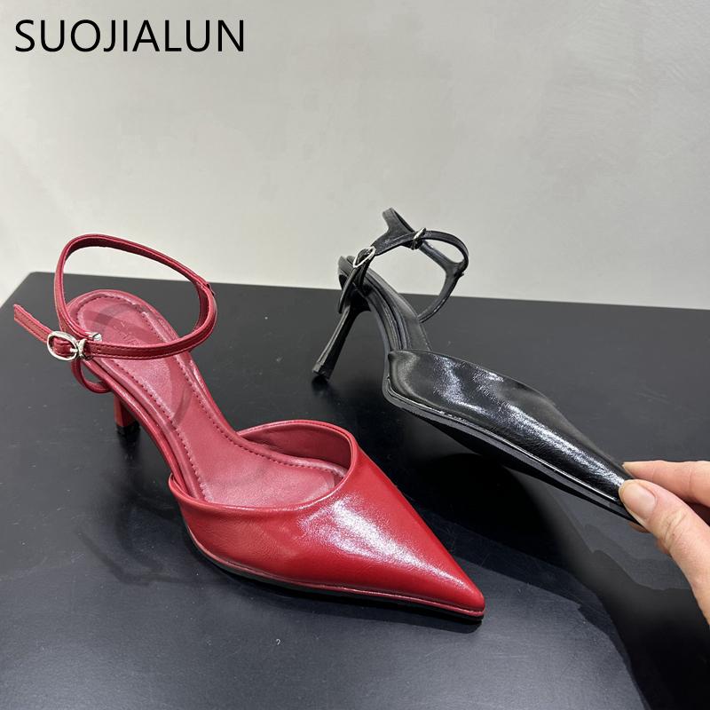 Fashion SUOJIALUN 2025 Spring New Brand Women Sandal Fashion Red Pointed Toe Ladies Elegnat Slingback Shoes Thin High Heel Dress Pumps