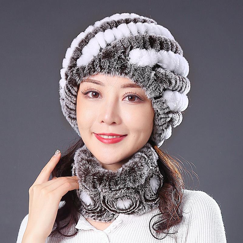 Hat Female Autumn Winter Trendy Versatile Rex Rabbit Hair Cycling Warm Ear Protection Fur Hat Scarf Set