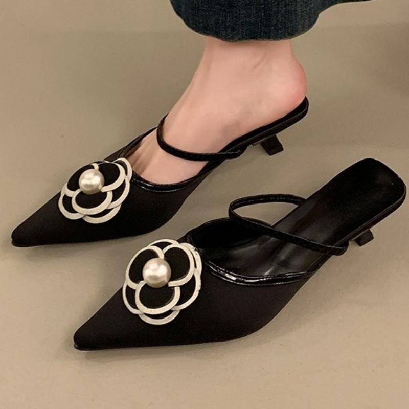 Fashion 2025 New Solid Color Flower Baobao Head Half Drag Shoes Summer New Temperament Pointed Head Fashion Comfortable Casual Shoes
