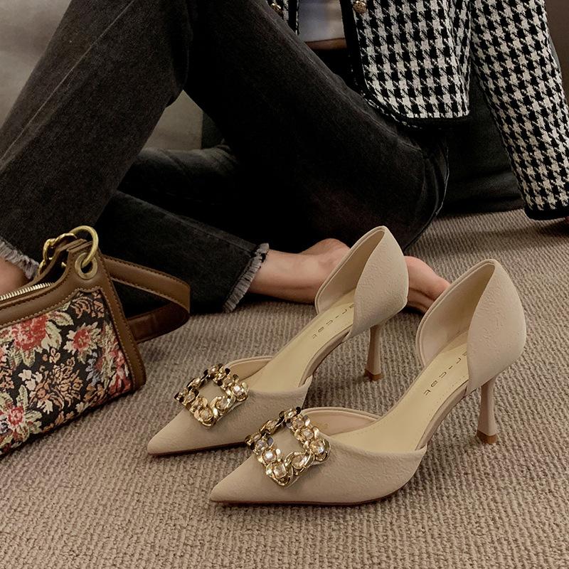 Black rhinestone high heels women's 2025 summer new women's shoes French temperament small fragrant square buckle stiletto shoes