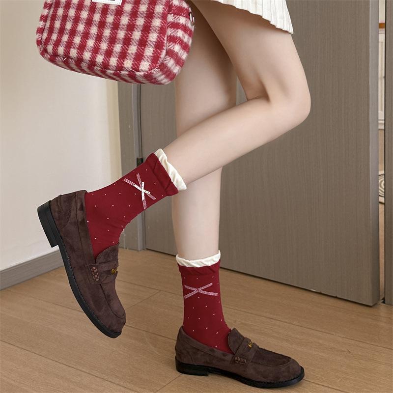 Big Red Socks, Women's Bow Polka Dot Mid-calf Socks, Wedding Red Striped Cloth Label New Year Socks, Dui Dui Socks