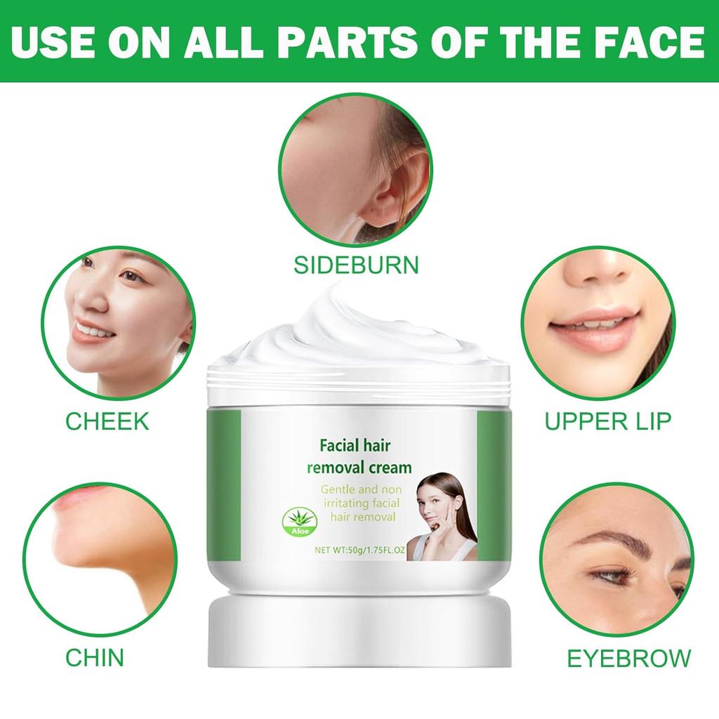 Facial Depilatory Cream, Aloe Vera Hair Remover Cream for Upper Lip and Chin for Women Face Hair Remover for Sensitive Skin Gentle and Non-Irritating