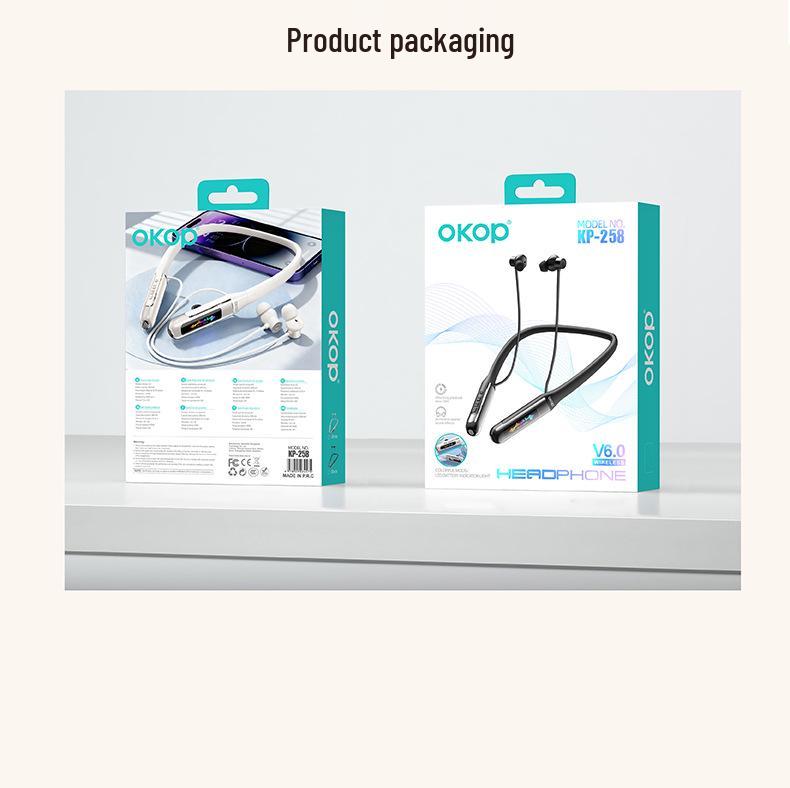 258 Bluetooth-Kopfhörer mit Nackenband, magnetischer Absaugung, Digitalanzeige, geringer Latenz, langer Akkulaufzeit und hoher Klangqualität.