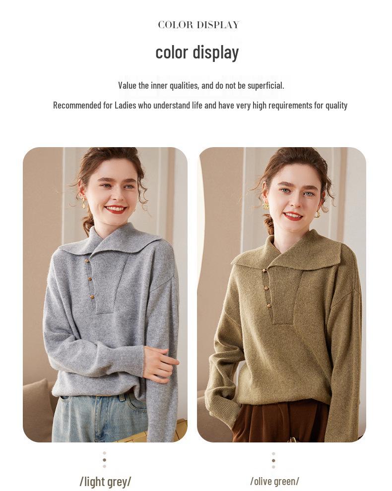 Women's Solid Color Cashmere Lapel Knit Sweater - Long Sleeve, Loose Fit, Warm Pullover for Autumn & Winter