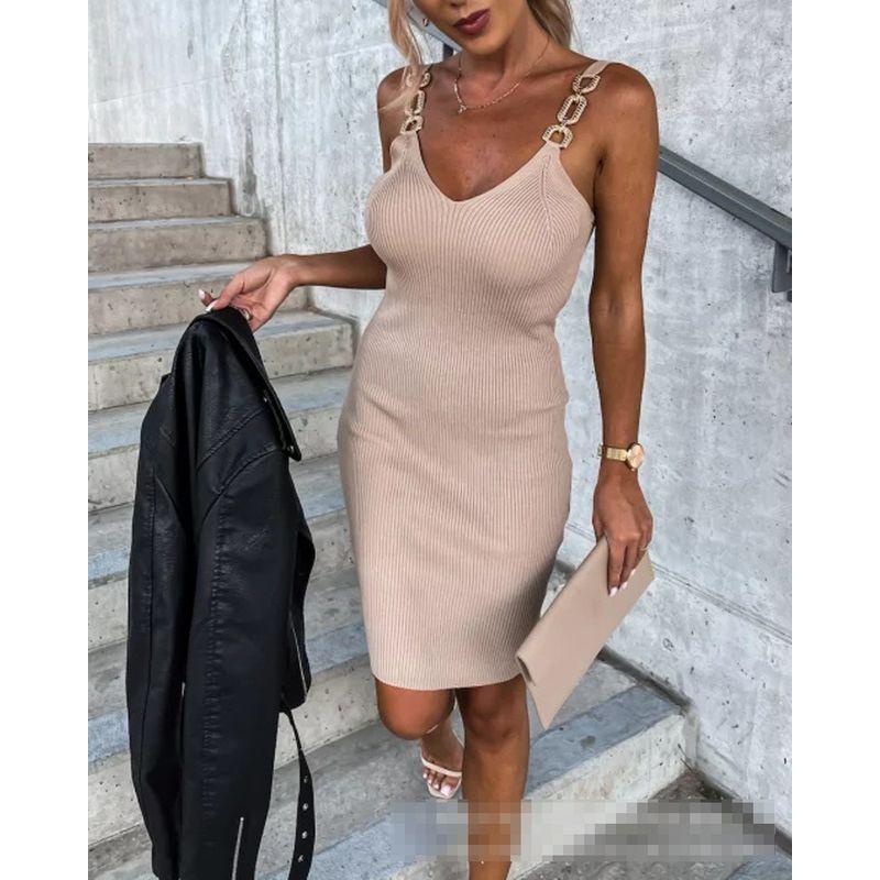 

Fashion Women s Metal Buckle V-neck Brace Wool Silm Dress Women Sexy Suspender Dress Apricot XL