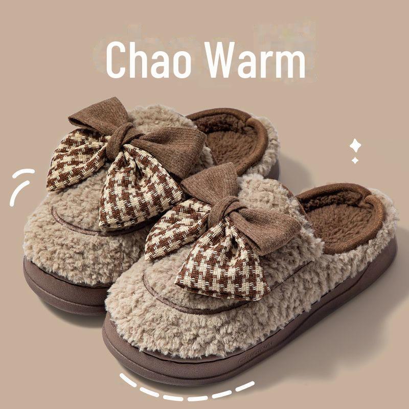 

Женские тапочки из хлопка с бантом, толстая подошва, теплые сандалии для использования в помещении и на улице, осень/зима 2024 г. 40-41