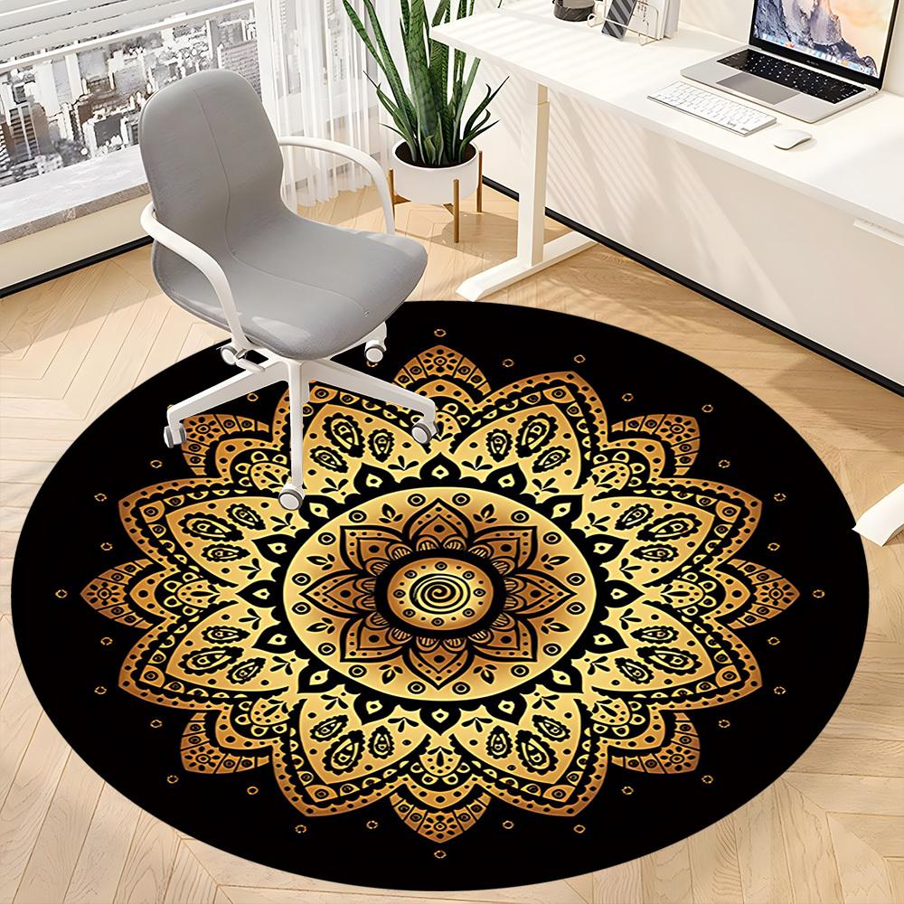 1pc Golden Mandala Carpet, Round Non Slip Durable Large Size Office Carpet, Suitable for Office