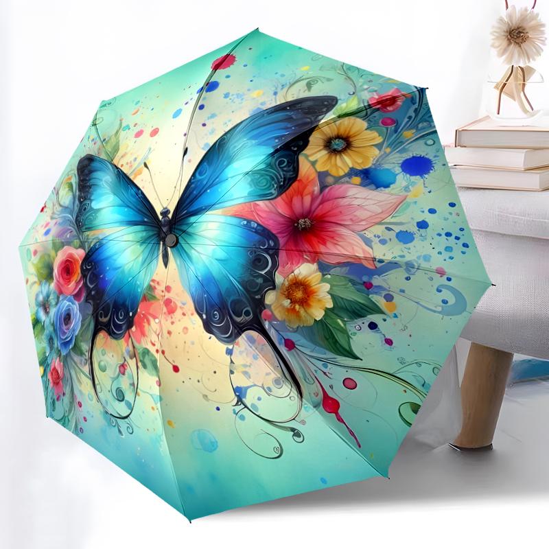 1pc Sturdy 8-Bone Auto Umbrella, Butterfly Umbrella, Digital Printed, Foldable Umbrella for On-the-Go Outdoor Use