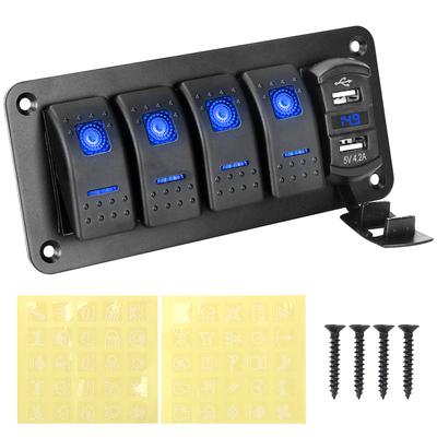 Vodotěsný digitální voltmetrový LED spínací panel + nálepka 4gangový kolébkový přepínač Duální USB port 12V/24V pro Car Marine