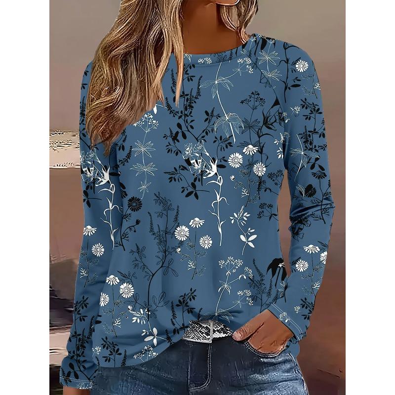 Top cu Imprimeu Floral Imprimat 3D Tricouri Casual cu Mânecă Lungă pentru Femei - Material Moale din Poliester cu Elasticitate Medie Haine cu Croială Relaxată pentru Primăvară și Toamnă