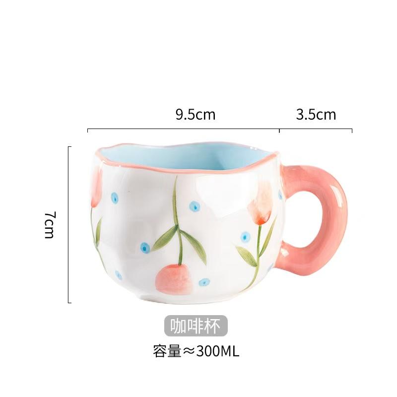 300ML Korean Style Hand Pinched Irregular Ceramic mug Hand-painted Flower Heart Coffee Cup Breakfast Milk Afternoon tea cup Gift