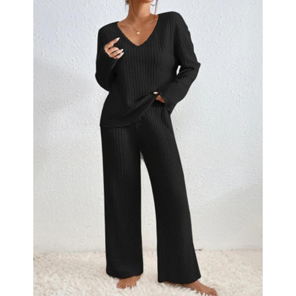 Women's Loose Fit Two-piece Loungewear Set Long Sleeve Knit Top Elastic Waist Wide Leg Pants Solid Ribbed Casual Tracksuit