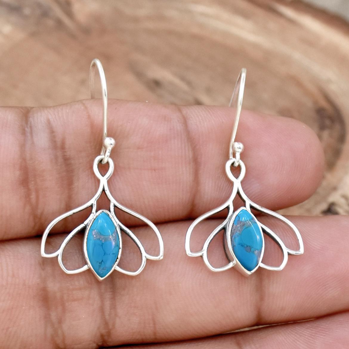 Creative Lotus-Shaped Turquoise Dangle Earrings for Women - Elegant European and American Style Jewelry