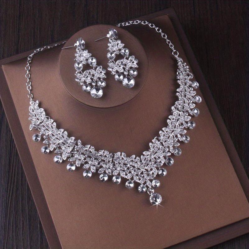 Bruidshoofddeksel Luxe Zilverkleur Kristal Waterdruppel Strass Tiara Ketting Oorbellen Bruiloft 4-delige Sieradenset gray