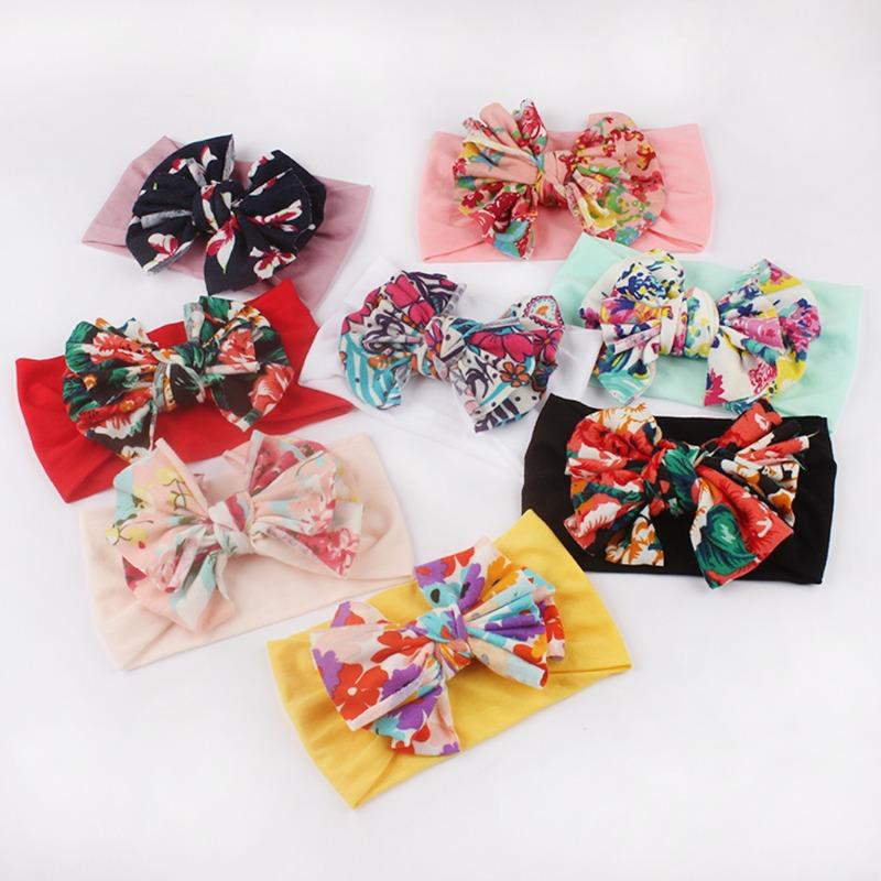 New infant hair accessories, children's nylon printed bow wide-brimmed headscarf, baby knotted headband